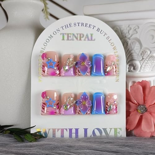 Duckbill Press on Nails Set - Blue Leopard with Rhinestones & Bow (S)