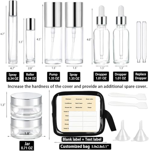 Silver-Transparent Glass Travel Bottles Set - TSA Approved Leak-Proof Toiletry Containers, 18 Pack