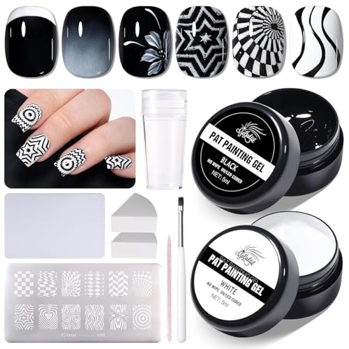 Black & White Nail Art Gel Set with Tools for DIY Manicure & Stamping