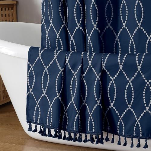 Navy Blue Shower Curtain with Tassels, 72x72 Inches, Boho Vintage Design