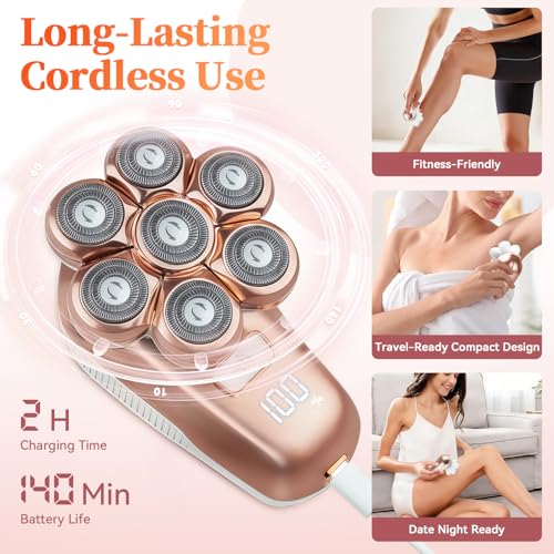 Electric Razors for Women, 5-in-1 Electric Shaver with 7D Magnetic Head, IPX7 Waterproof Wet Dry Hair Remover with LED Display, Travel Lock for Body Face Underarms Bikini Legs (Rose Gold)
