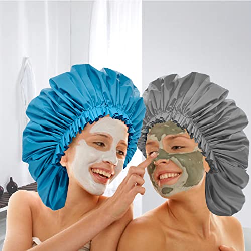 ELEBOX 4-Pack Premium Extra Large Shower Cap Jumbo 15 inch - Waterproof Spa/Braids Bonnets (Black, Blue, Gray, Red)
