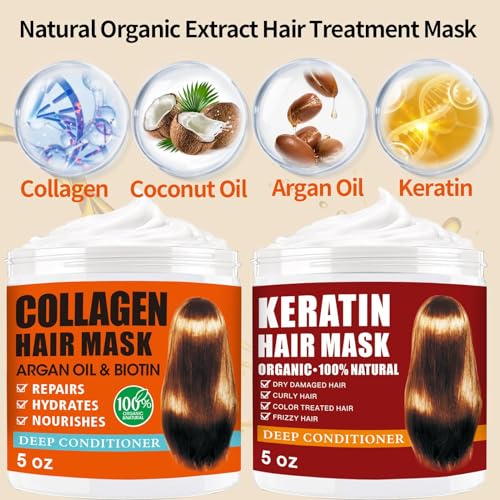2 Pack Collagen Hair Mask & Keratin Hair Mask,Keratin Hair Treatment,Repair Treatment Deep Conditioning Hair Treatment Mask for Damaged Hair,Hydrating Conditioner with Argan Oil for Dry Hair