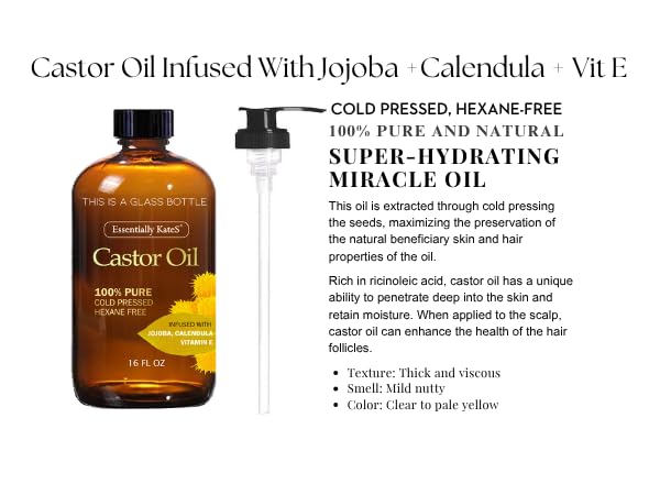 Essentially KateS Castor Oil 16 Fl Oz Glass Bottle with Pump - Pure Natural Hair & Body Oil