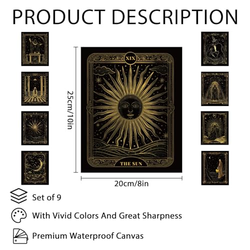Tarot Wall Art Prints Set of 9 - Black and Gold Home Decor