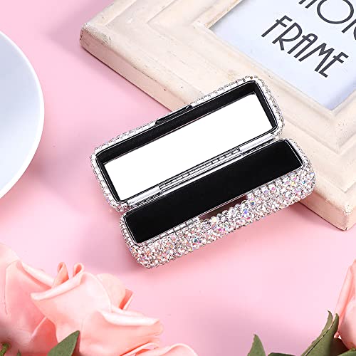 Silver Rhinestone Lipstick Case with Mirror, Bling Crystal Makeup Storage