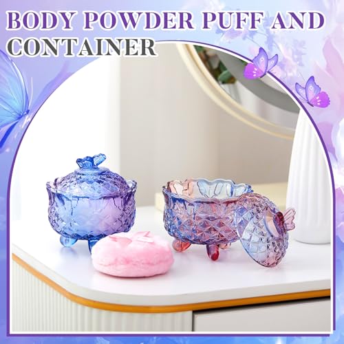 Large Body Powder Puff and Crystal Glass Container Set - 4 Piece Kit