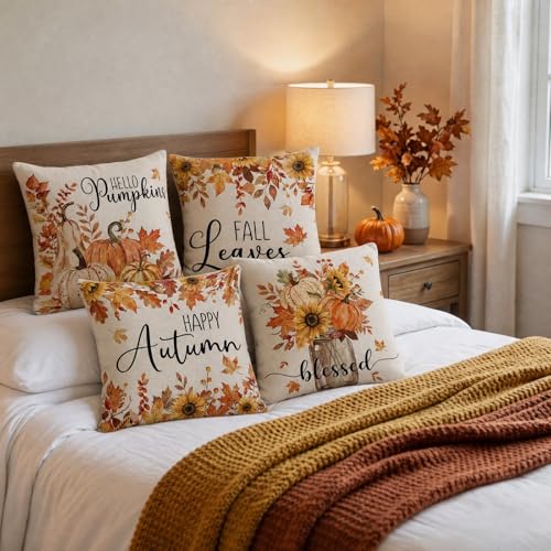 Fall Pillow Covers 18x18 Set of 4 - Rustic Pumpkin & Maple Leaves