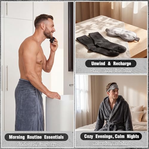 9 Pcs Birthday Gifts for Men Beard Care Set for Him Father's Gifts Basket Kit Get Well Soon Gift Basket with Hooded Robe, Long Towel, Socks for Dad Grandpa Husband Boyfriend(Dark Grey)