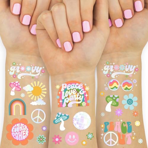 Groovy Rainbow Temporary Tattoos - 52 Styles for Retro Party & Birthday Decor