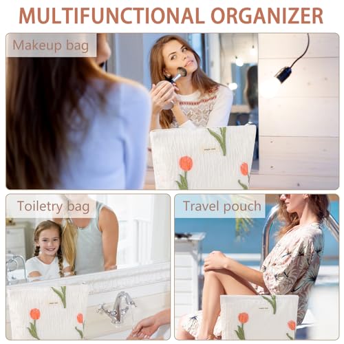 AF Tulip White Makeup Bag for Women Small Floral Cosmetic Pouch Travel Organizer