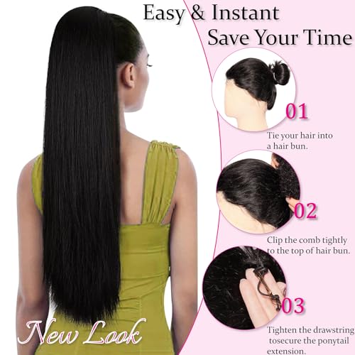 LuxeSilky 30 Inch Yaki Straight Drawstring Ponytail Extension - Clip-In