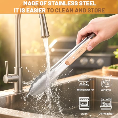 Stainless Steel Kitchen Tongs Set with Oak Wood Handle - 9" & 12"