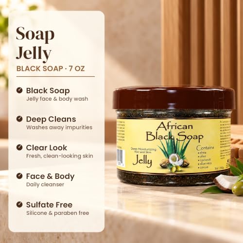 OKAY African Black Soap Jelly Face & Body Wash with Coconut, Aloe Vera, 7 oz - Acne & Dark Spot Cleaner, Sulfate-Free