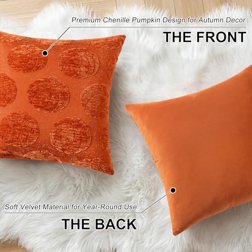 Chenille Pumpkin Throw Pillow Covers 18x18 - Set of 2 for Fall Decor