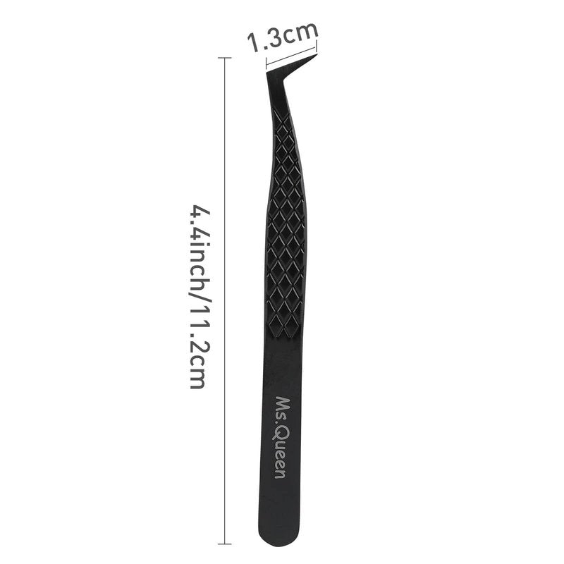Ms.Queen Fiber Tip Lash Tweezers, Precise Diamond Grip L-Shape Boot Volume Eyelash Extension Tweezers,Black