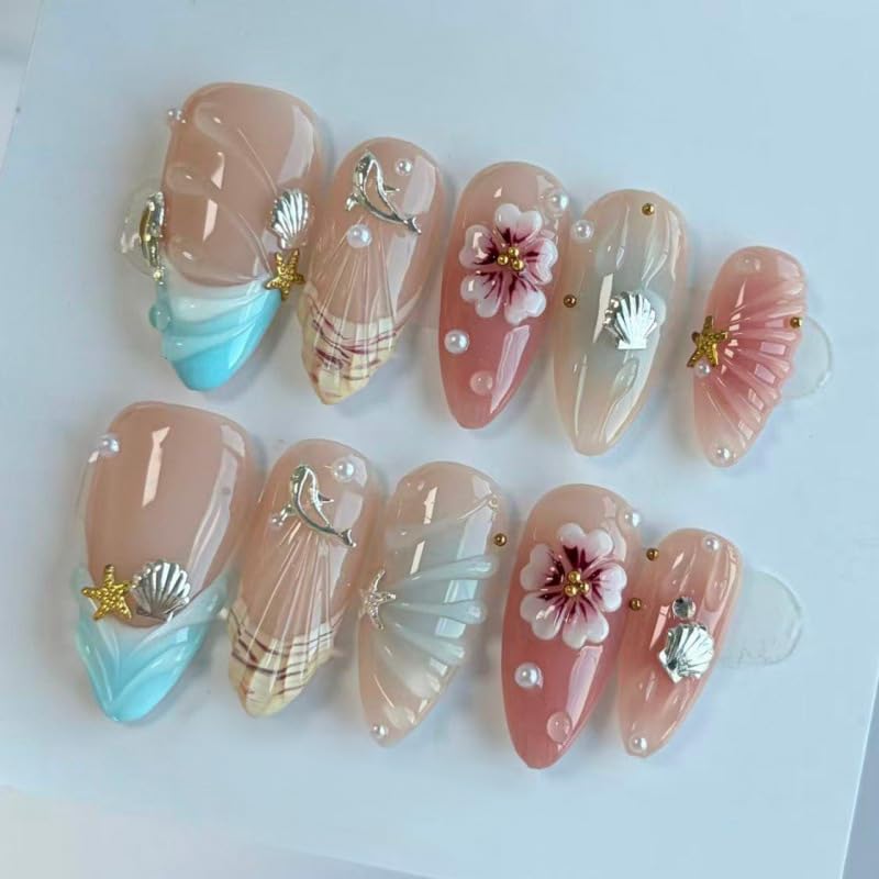 Tnampv Style 1 30Pcs Summer Almond Press On Nails Ocean Beach Fake Nails with Flower Seashell Design
