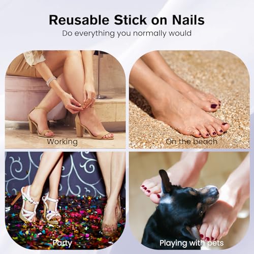Velvet Mystic Press On Toenails Kit - Bright Red Square Fake Nails with Cateye Finish, 16 Sizes