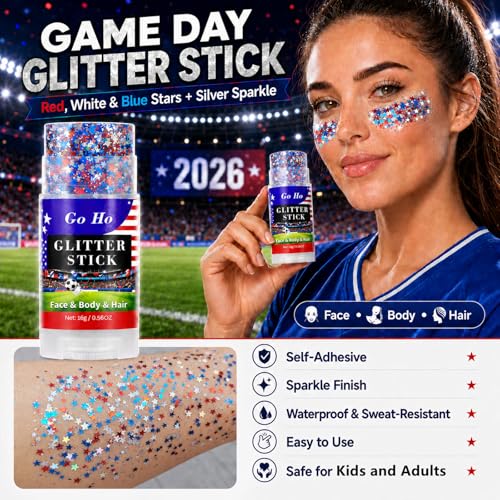 Go Ho Red White and Blue Star Face Glitter Stick,Waterproof Body&Hair Glitter,4th of July Accessories,Patriotic USA Flag Sparkle Stick for World Cup Soccer Game Independence Day 250 Anniversary Makeup