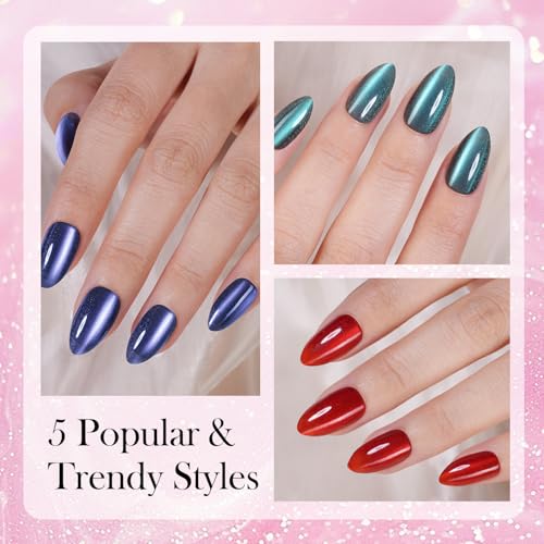 Vansiho Cat Eye Press On Nails, Medium Almond Soft Gel Fake Nail Tips
