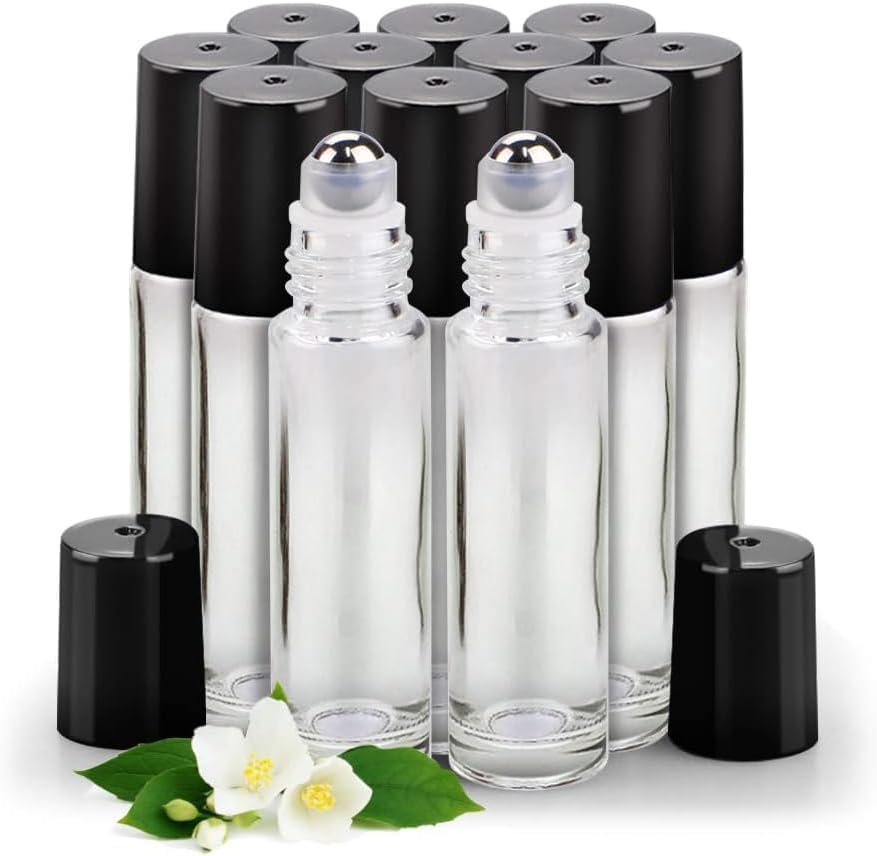 Essential Oil Roller Bottles - 4 Pack 10ml Amber Glass with Stainless Steel Caps | Travel Perfume & Lip Gloss