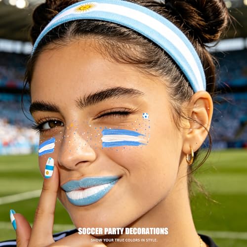 Blue & White Soccer Fan Freckles Face Tattoo - 3 Gold Stars Temporary Tattoos | Waterproof Sports Sparkle Stickers for Football Matches & Game Day Celebrations (8 Sheets)