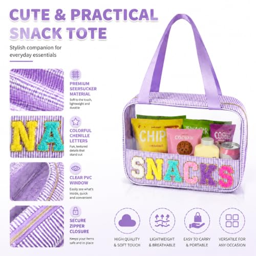 Travel Snack Bag for Women with Chenille Letter - Reusable Seersucker Organizer