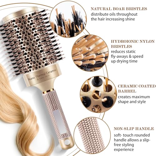 SIMPOR 65mm Round Boar Bristle Hair Brush - Gold, Nano Ceramic for Blow Drying