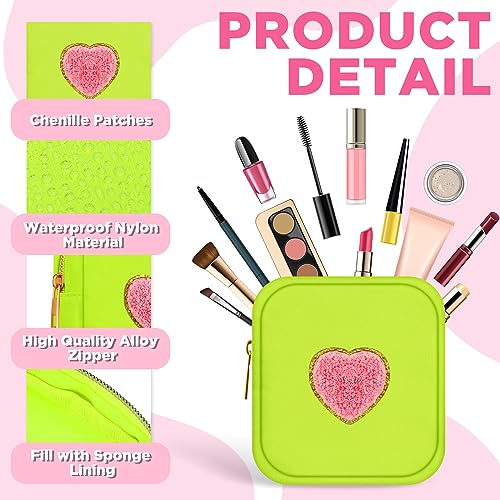 Zubebe 6-Piece Fluorescent Color Mini Nylon Makeup Bags with Chenille Letter Patches, Portable Cosmetic & Travel Pouch Set for Women
