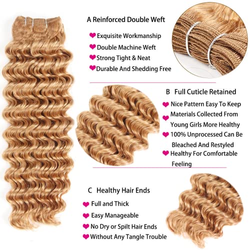 YOUNGHANN Honey Blonde Deep Wave Human Hair Bundles 22-26 Inch Virgin Brazilian Extensions