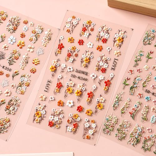 Brtavizvy 4 Sheets Spring Floral Nail Stickers with Tweezers - Green Vine Leaves, Colorful Petals, 5D Embossed Autumn Daisy Nail Decals (Multicolor)