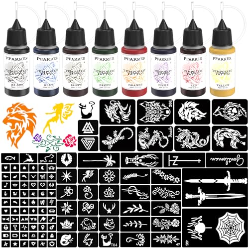 PFARRER 8 Bottles Color Temporary Tattoo Ink Kit with 105 Stencils for Body Art & Kids