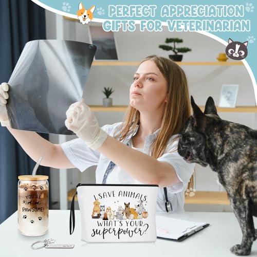 Veterinary Appreciation Gifts Set - Paterr 3 Pcs Vet Tech Thank You Gift with Dog Paw Makeup Bag, Cup & Keychain