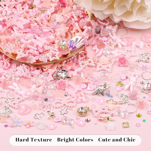 Pink 3D Resin Nail Charms & Gems Kit - Cute Flower, Butterfly, Bow, Heart Accents
