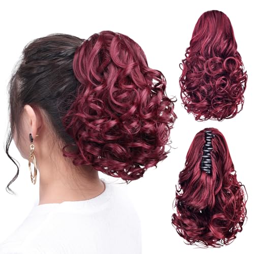 Burgundy 10-Inch Clip-In Wavy Ponytail Extension for Women - Synthetic Hair