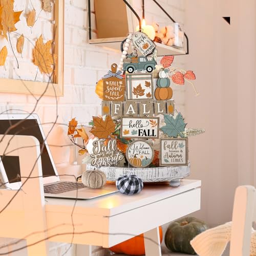 21 Pcs Fall Tiered Tray Decorations Set - Autumn Farmhouse Decor