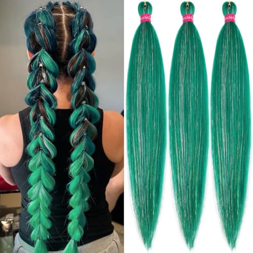 26 Inch Green Braiding Hair with Tinsel - Pre Stretched Yaki Extensions