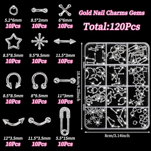 120PCS Silver Cross & Star Nail Charms for DIY Manicure
