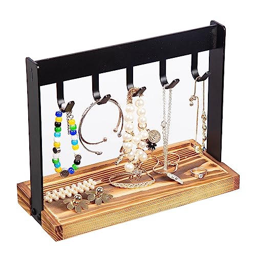 5-Hook Tabletop Key Holder with Rustic Wooden Base Organizer