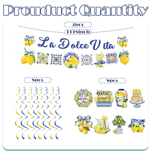 La Dolce Vita Party Decorations Set - 10pcs Lemon Banners & Swirls