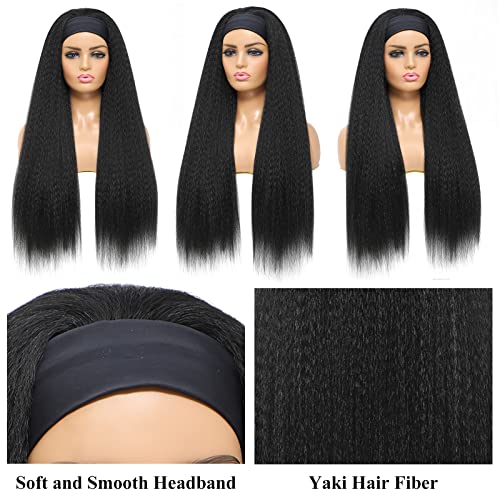 Kinky Straight Headband Wig - 16 Inch Synthetic Yaki Hair - 1B