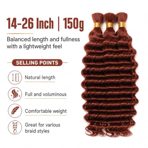 QEUOPE #33-BRD-D Human Hair Auburn Braiding Deep Wave 14" Bundles