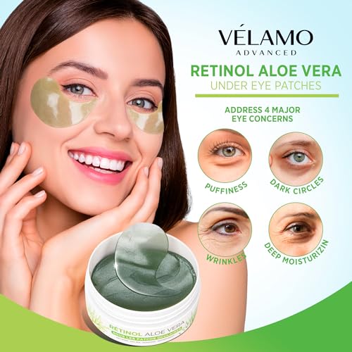 VELAMO ADVANCED Green Under Eye Patches - Aloe Vera & Retinol for Dark Circles, Puffiness & Wrinkles - 60 Pcs