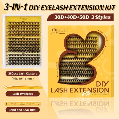 QUEWEL DIY Lash Extension Kit - 280pcs 30D+40D+50D Clusters, 12-18mm