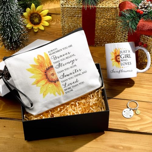 Sunflower Gift Set: Canvas Cosmetic Bag, Ceramic Coffee Mug & Keychain