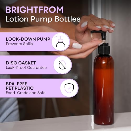 BRIGHTFROM Amber 8 OZ Refillable Plastic Lotion Pump Bottles Pack of 3