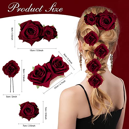 Wine Red Rose Hair Clips & Brooches Set for Weddings & Bridal | Floral Accessories for Women