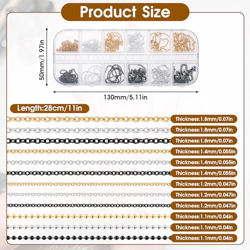 Metal Nail Art Chains Set - 12 Strips in Gold, Silver, Dark Gray