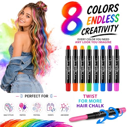 Jim&Gloria Washable Hair Chalk Pens - 8 Vibrant Colors for Kids & Teens