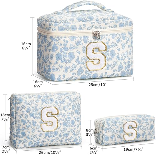 Tiblue Personalized Initial Quilted Makeup Bag Set - 3-Piece Cosmetic Organizer